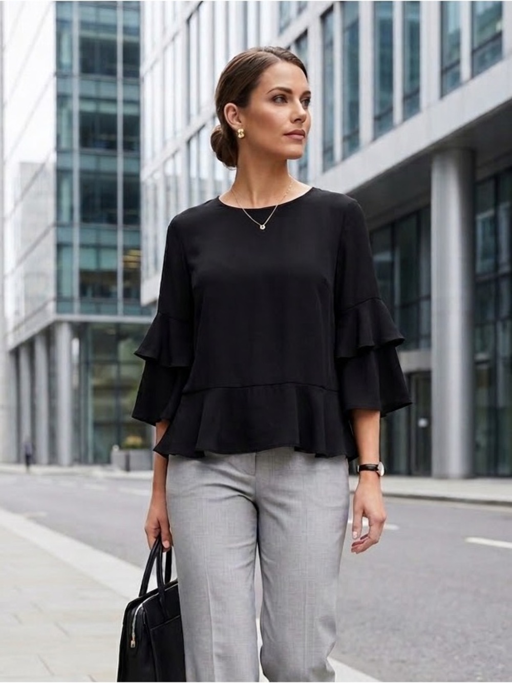 Ann Taylor Black Ruffle-Sleeve Professional Blouse Keyhole Back Tie Size XL